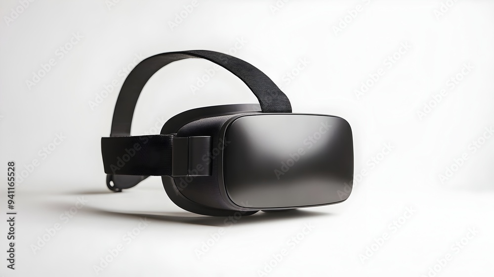Poster closeup of a virtual reality headset placed on a plain white tabletop or surface with ample blank sp