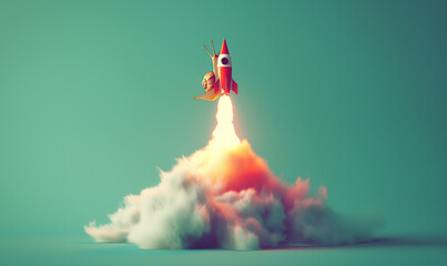 A surreal and playful image of a snail launching into the sky on a rocket, representing the juxtaposition of slow and fast movement in a whimsical, imaginative context
