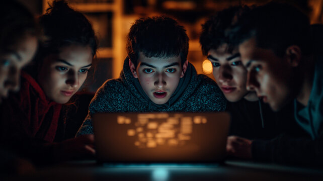 Group of focused teenagers gathered around a laptop, intensely engaged in a collaborative digital activity in a dimly lit room