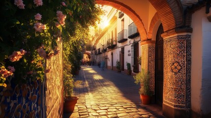 Obraz premium A Moorish archway in Cordoba, Spain, invites pursuit of its vibrant heritage at sunset.