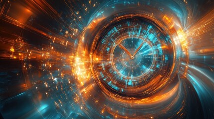 Obraz premium Abstract Clock Time Warp Concept with Glowing Orange and Blue Lines and Circles.