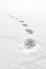footprints in the snow. White winter landscape. Minimal photography style. Follow the leader. Solitude and reflection concept. Discovery and progress. Cold winter terrain.