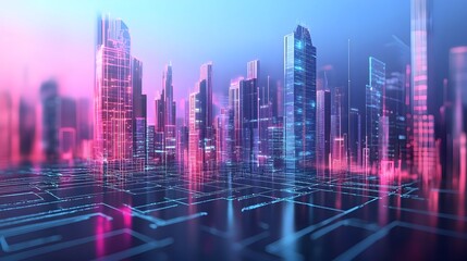 Obraz premium Futuristic cityscape featuring a modern smart city powered by cutting edge digital twin technology showcasing innovative architecture efficient infrastructure and sustainable energy solutions