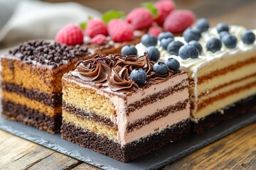 Assortment of different confectionery cakes served on a blackboard. National cake day.