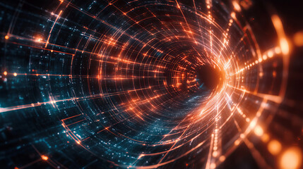 Obraz premium A 3D illustration of glowing grid lines forming a tunnel with an illuminated end, representing physical forces, black holes, and digital data transmission.
