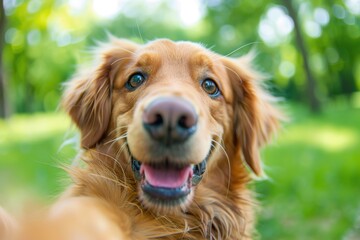 Dog taking a selfie on blurred green background