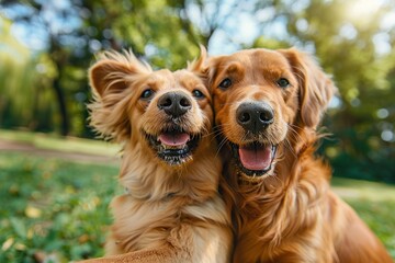Obraz premium Labrador dogs taking a selfie on blurred green background