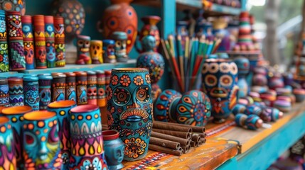 Local artisan market with crafts, Pop Art, Vibrant, Illustration, Emphasizing community and creativity