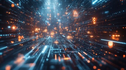 Fototapeta premium Abstract Futuristic Cyberspace with Glowing Lines and Orange Lights.