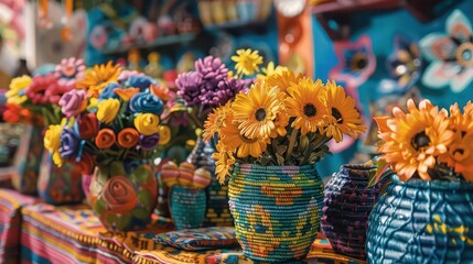 Local artisan market with crafts, Pop Art, Vibrant, Illustration, Emphasizing community and creativity