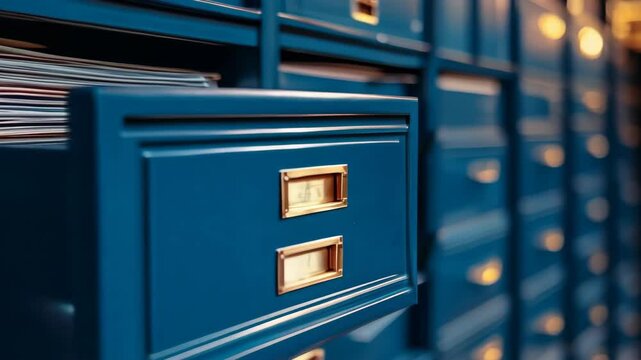 Old blue metal cabinet with drawers and documents, creating a retro feel