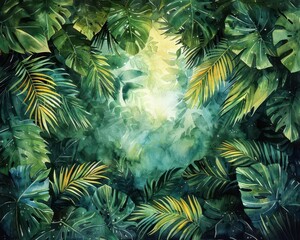 Lush rainforest canopy, Fantasy, Dense, Watercolor, Emphasizing natural beauty and biodiversity