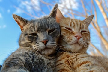 Obraz premium Cute grey and ginger cats making selfie photo