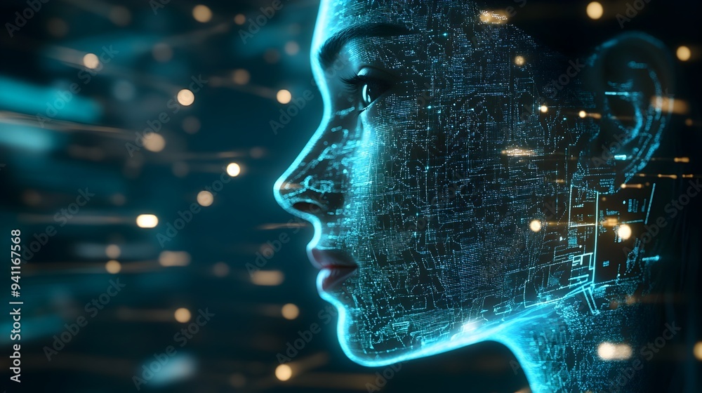 Poster close up of a virtual twin displaying complex data overlays analytics and information for digital tr