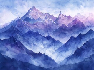 Obraz premium Majestic mountain range, Fantasy, Dramatic, Watercolor, Emphasizing aweinspiring peaks
