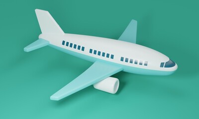 A simplistic toy airplane in white and blue colors. 3d rendering 