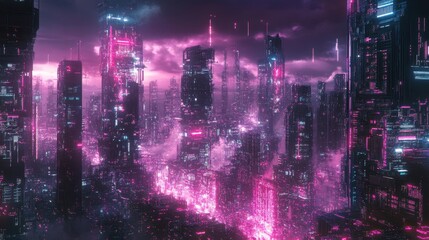 Fototapeta premium Futuristic Cityscape with Neon Lights and Pink Clouds - Cyberpunk Art.