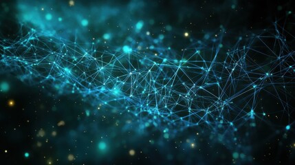 Abstract Blue Network Pattern with Glowing Points on Black Background.