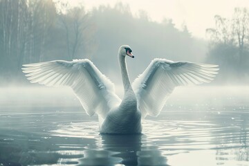 White swan with spread winds in the lake