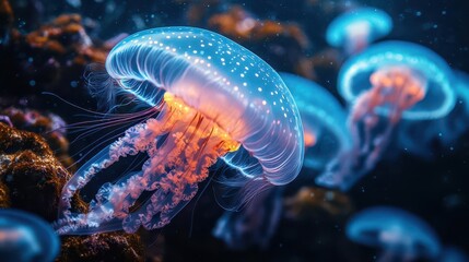 Fototapeta premium ethereal underwater scene bioluminescent sea creatures illuminating dark depths graceful jellyfish drifting among coral formations shimmering fish darting through beams of light