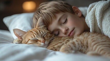 A serene moment of a child peacefully sleeping beside a cat.