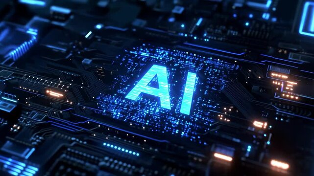 Artificial intelligence in the form of a luminous inscription AI on a computer board, symbolizing the technologies of the future