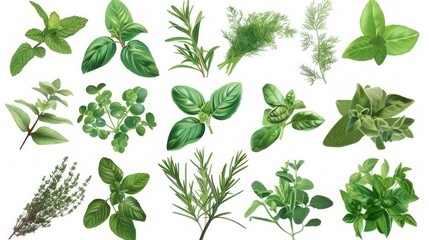 Collection of herbs - basil, rosemary, mint, dill, sage, thyme, parsley - arranged neatly on white background. Vibrant colors reflect freshness and purity.