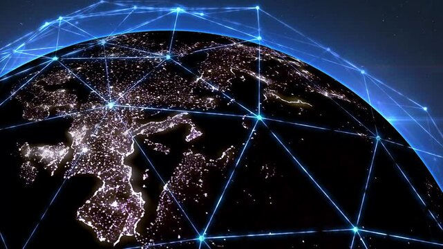 European continent covered by a computerized digital network. The World Global Internet over the night planet. Network connecting entire globe. Vew from space. Social media, traveling, communication. 