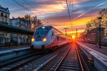 Obraz premium A train travels along the tracks next to a station, providing a sense of movement and activity