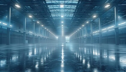 Obraz premium Metallic industrial warehouse, Futuristic, Cold, Digital, Emphasizing spacious utility