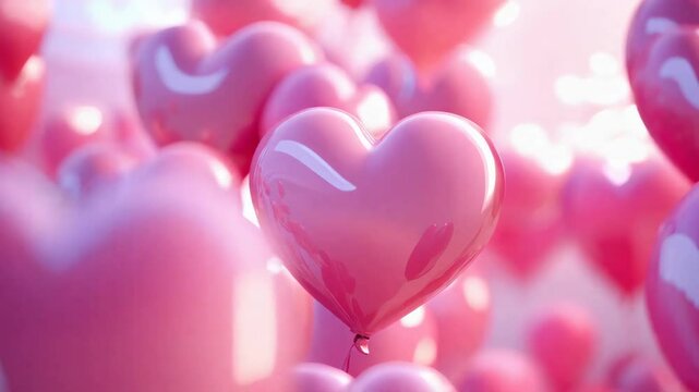 A bunch of shiny pink heart-shaped balloons floating together in a soft light