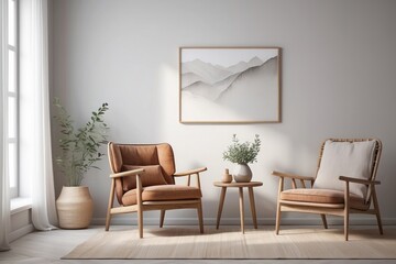 Two Armchairs and a Table in a Modern Living Room with a Mountain Landscape Artwork