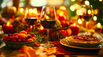 A festive Thanksgiving table set with wine glasses, fruit, and a pie, surrounded by warm candlelight and autumn decorations. Ideal for holiday celebration photography.