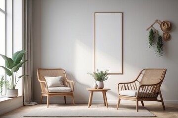 Minimalist living room with two wicker armchairs and a large blank frame.