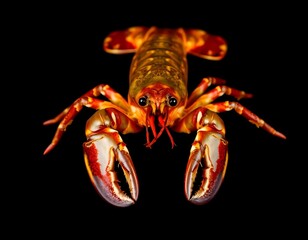 a lobster with its claws posed aggressively, isolated on a rich black surface, highlighting its fierce look create with ai