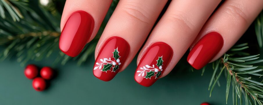 Glossy red nails with delicate white mistletoe and holly berry designs, surrounded by Christmas greenery and festive decor, mistletoe nails, holiday romance