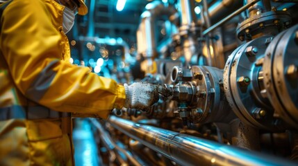 Fototapeta premium Person in yellow jacket, black pants, gloves, and mask in industrial setting with steel pipes. Touching or inspecting one pipe.