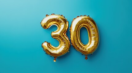 Stylish Gold Foil "30" Balloon on Blue Background for Celebrations, Top View with Copy Space, Perfect for Party Invitations and Greeting Cards