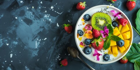 Colorful bowl of fresh fruit salad featuring berries, kiwi, and mango on a dark textured background for a vibrant, healthy meal. With copy space for text.