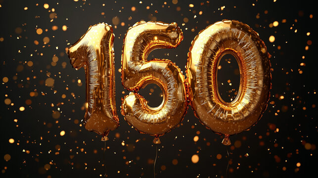 Golden foil balloon shaped as number 150 year date against creative mockup background