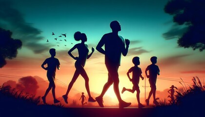 scenic view of a group of people jogging. Men, women, and kids running