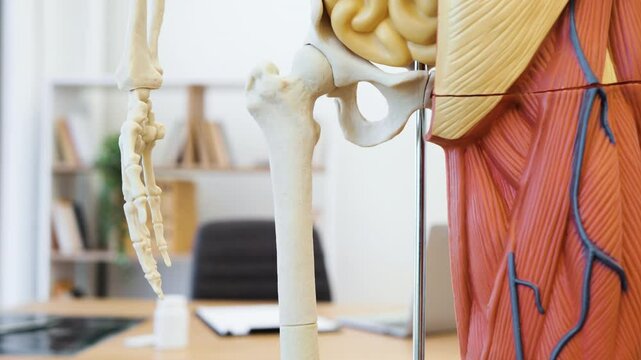Detailed human anatomy model displaying half skeleton and half muscular system with organs and veins visible. Educational tool for studying human body structure in classroom or medical setting.