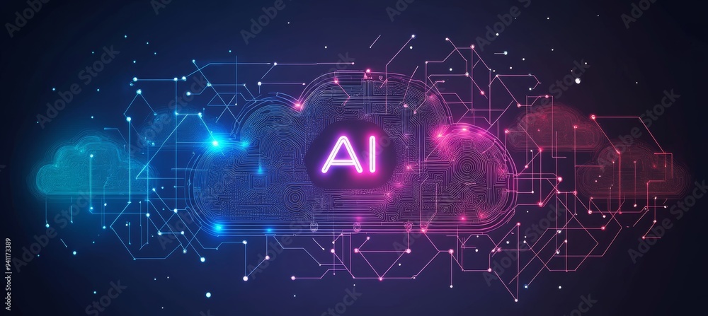 Poster ai cloud computing, artificial intelligence and machine learning, futuristic technology background