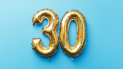 Stylish Gold Foil "30" Balloon on Blue Background for Celebrations, Top View with Copy Space, Perfect for Party Invitations and Greeting Cards