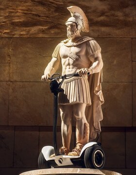 Statue of a Roman Centurion riding a Segway, creatively blending ancient and modern elements. Ideal for humorous advertising, unique social media content, and eye-catching promotional materials.