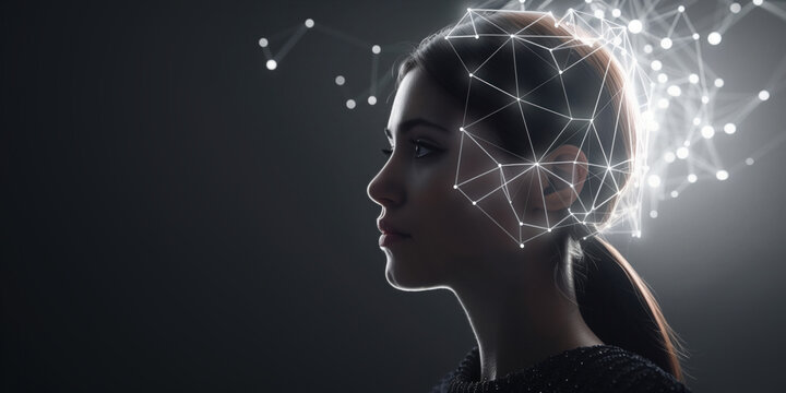 Young woman with glowing neural network around her head on dark background, banner design with negative space