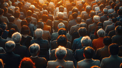 Large crowd of people, businessmen, rear view, sitting at a collective event, meeting. The image conveys unity, solemnity and collective purpose. Selective focus.