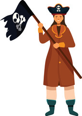 Obraz premium Pirate woman is holding a flag with a skull and crossbones, looking happy and adventurous