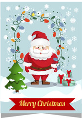 christmas card with santa claus, New Year greeting , Merry Christmas, Christmas tree, snowflakes, gifts and garlands of lights against the background of a winter landscape