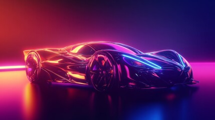Fototapeta premium A futuristic sports car with a sleek design bathed in vibrant neon orange and blue lights, representing cutting-edge automotive technology and artistic innovation.